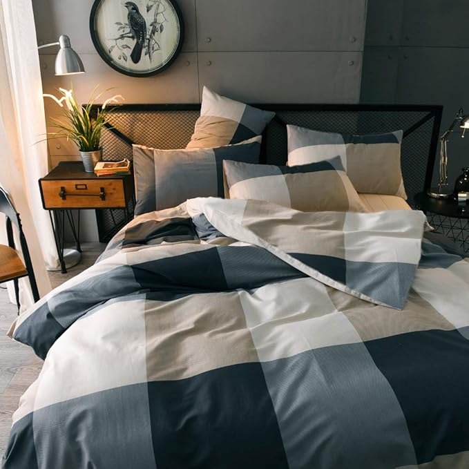 LifeTB Cotton Grid Plaid Duvet Cover Set Queen Modern Reversible Checkered Bedding Set Hotel Quality 3 Pieces Duvet Comforter Cover Luxury Soft Zipper Closure Bedding Collection (NO Comforter)