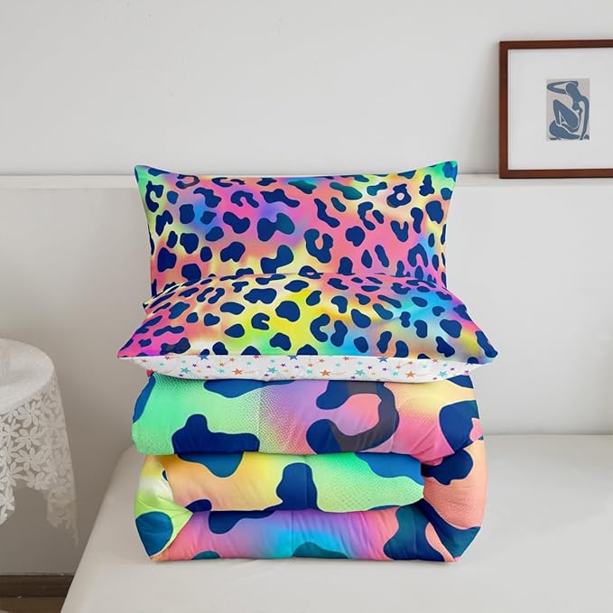 Leopard Print Comforter Set Africa Cheetah Print Bedding Set Rainbow Leopard Design Down Alternative Comforter for All Season for Boys Girls Kids Women Room Decor Safari Animal Duvet Set Queen Size