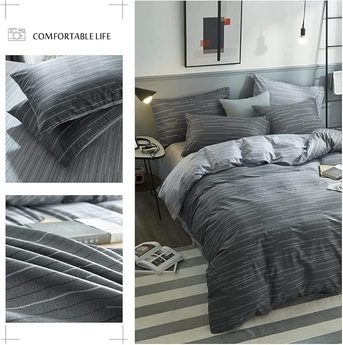 LifeTB Cotton Stripe Duvet Cover Full Size Geometric Grey Stripe Bedding Sets Modern Style Striped Comforter Cover Reversible Grey Bedding Cover for Men Boys 1 Full Duvet Cover with 2 Pillowcases