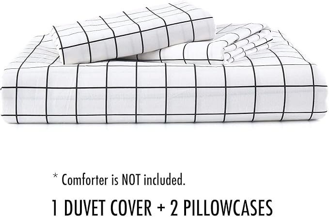 Nanko King Duvet Cover Set 3 pcs, 104x90 inch Geometric Cool Lightweight Microfiber Soft Luxury Quilt Cover with Zip Tie and 2 Pillowcase - Modern Bedding for Women Men, White Grid
