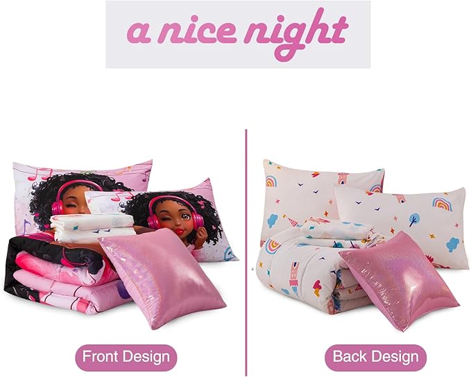 A Nice Night Pink Comforter Sets, Girl Winking Listening Music Printed, 6Pcs Bed in A Bag Twin Size All Seasons Bedding Set,for Kids, Girls