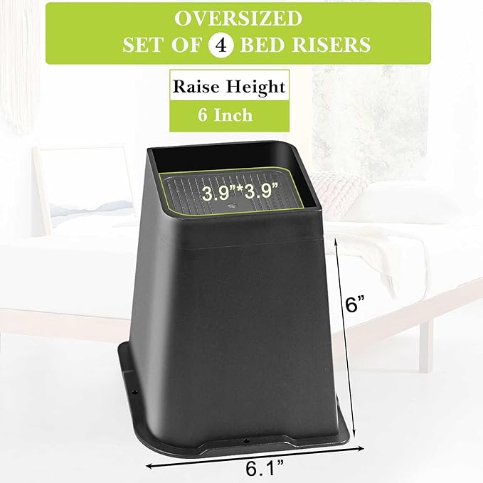 Bed Risers 2 inch, 3 inch, 4 inch, 6 inch, 8 inch Heavy Duty, Oversized Furniture Riser for Couch Sofa Table Chair Leg Frame Dorm, Support up to 6000 Lbs (Black Full 4 Pack, 6 inch)