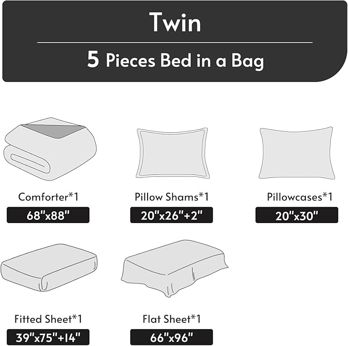 MUXHOMO 5 Pieces Twin Comforter Set, Reversible Bed in a Bag Twin Size, All Season Bedding Set with Comforter, Flat Sheet, Fitted Sheet, Pillowcases & Shams, Greyish Purple & Light Grey