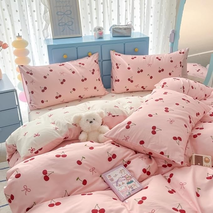 Nayoroom Duvet Cover Queen Size - Reversible Pink Bow Red Cherry Patterned Duvet Cover, 3 Pieces Soft Lightweight Microfiber Kids Girls Cute Aesthetic Dorm Bedding Set