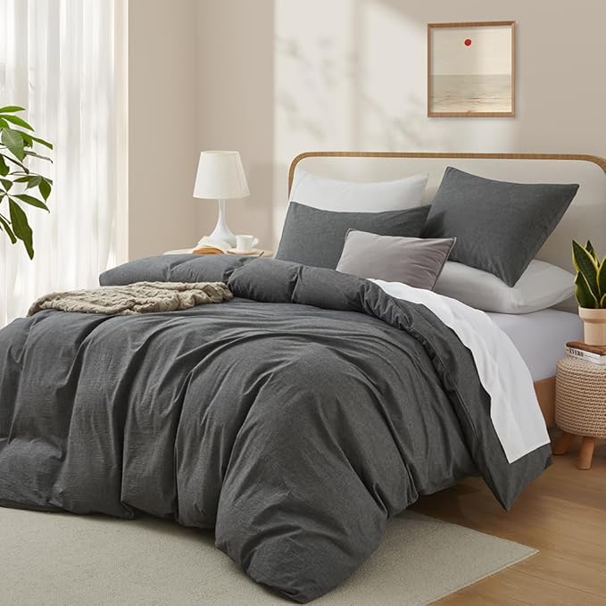 LOVQUE 100% Washed Cotton Duvet Cover Twin Size, Grey Fade-Resistant Natural Bedding Set (No Comforter), 68x90 Inches
