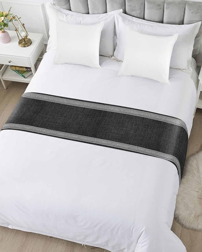 Greece Key Design Black White Bed Runners for Bedroom Hotel,Decorative Bedding Scarf Vintage Burlap Linen Bed End Blanket Bedding Runner Scarves for Full Size Bed,83x20in