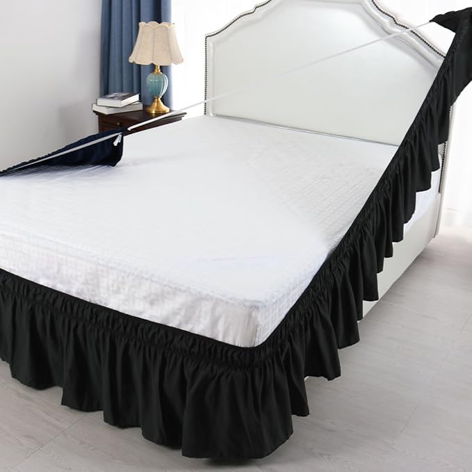 Bed Skirt - Wrap Around Bed Skirts Elastic Dust Ruffles, Easy Fit Wrinkle and Fade Resistant Luxurious Fabric Solid Color, Black California King Size Beds 15 Inch Drop