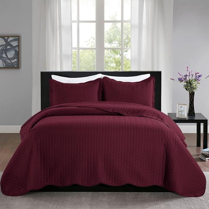 MOONLIGHT20015 Twin Quilt Set (66" x 86") with 1 Pillow Sham (20" x 26"+2") for All Seasons - 2 Pcs Reversible Bedding Set Lightweight Microfiber Coverlet Embossed Pattern Quilted Bedspread (Burgundy)