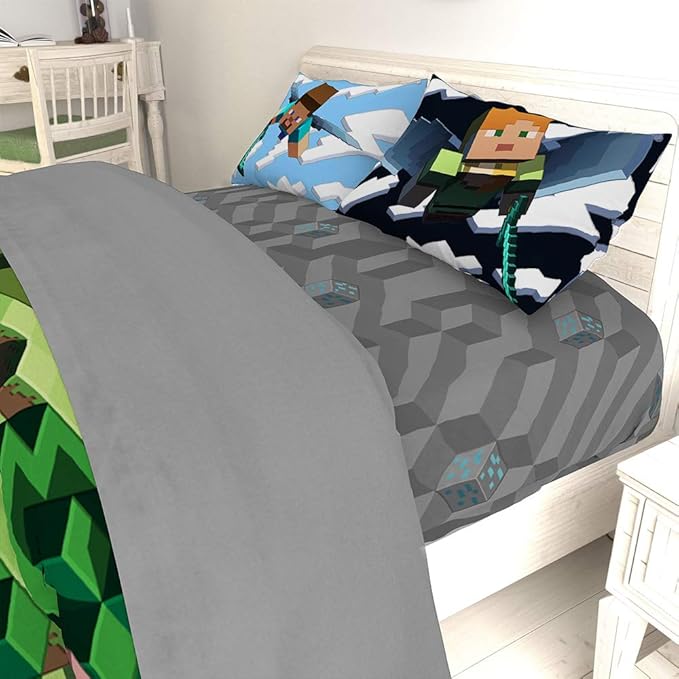 Jay Franco Minecraft Daytime 7 Piece Full Bed Set - Includes Comforter & Sheet Set - Bedding Features Alex and Steve - Super Soft Fade Resistant Microfiber - (Official Minecraft Product)
