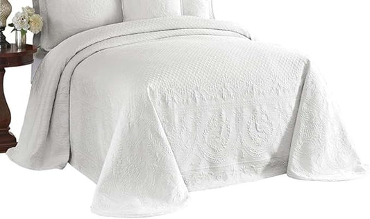 King Charles Modern Farmhouse Floral Matelasse Bedspread, 100% Cotton Breathable Bedding, Full/Queen, White