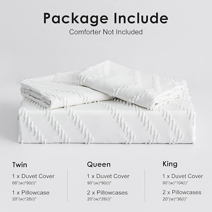 WARMDERN Boho Duvet Cover Set, Tufted Bedding Duvet Covers Soft Washed Microfiber Duvet Cover Queen Size, 3 Pieces Embroidery Shabby Chic Duvet Cover with Zipper Closure(White, Queen)
