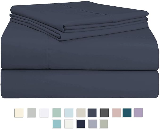 Pizuna Pure 100% Cotton Sheets California King Size, Luxurious 400 Thread Count Long Staple Cotton Sateen Sheets California King with 15" Deep Pocket (Combed Dark Blue Cotton Sheets California King)