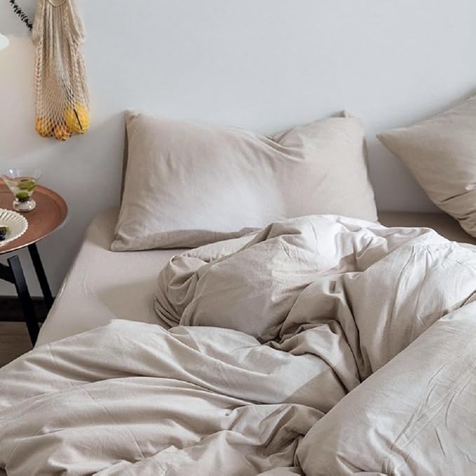 LifeTB Boho Beige Duvet Cover Jersey Knit Cotton Bedding Duvet Cover Set Queen Solid Color 3 Pieces Bedding Set Apricot Khaki Comforter Cover Breathable Soft Farmhouse Bedding Set with Zipper Closure
