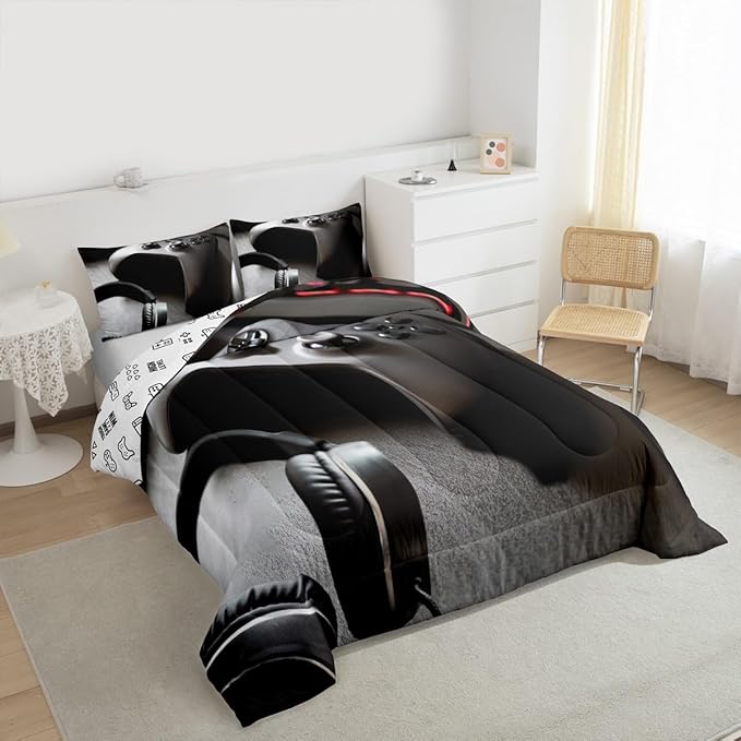 Feelyou Gaming Bedding Set Boys Game Controller Comforter for Kids Girls Teens Modern Gamer Headset Comforter Set Youth Gaming Console Video Game Decor Duvet Set with 2 Pillow Case Queen Size Black