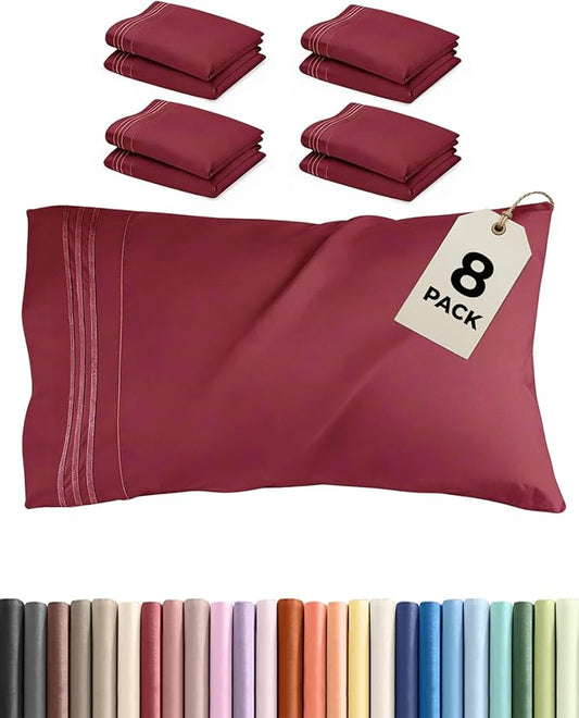 King Pillow Cases Set of 8 - Ultra Soft Hotel Quality Pillowcase Covers - Comfy & Wrinkle Free - Shrink, Stain & Fade Resistant - Easy-Care, Machine Washable Pillow Protectors - 8 Piece Set - Burgundy