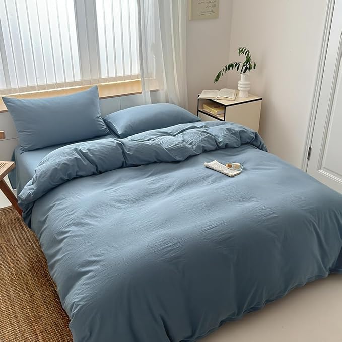 FACE TWO FACE Bedding Duvet Cover Set100% Washed Cotton Duvet Cover Linen Like Textured Breathable Durable Soft Comfy (Queen, Deep Gray Blue)