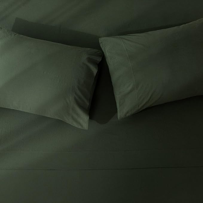 JIYUAN 100% Washed Cotton Sheet Set 4 Pieces Full,1 Fitted Sheet,1 Flat Sheet and 2 Pillowcases,Comfy and Breathable Linen Like Bedding Set,Forest Green