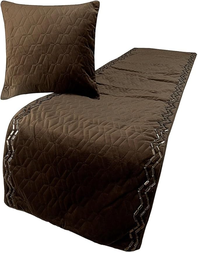 The HomeCentric King Queen Twin Brown Designer Queen 74"x18" Bed Runner with Pillow Cover, Quilted & Crystals Bed Scarf on Velvet Fabric - Brown Diamond Symphony