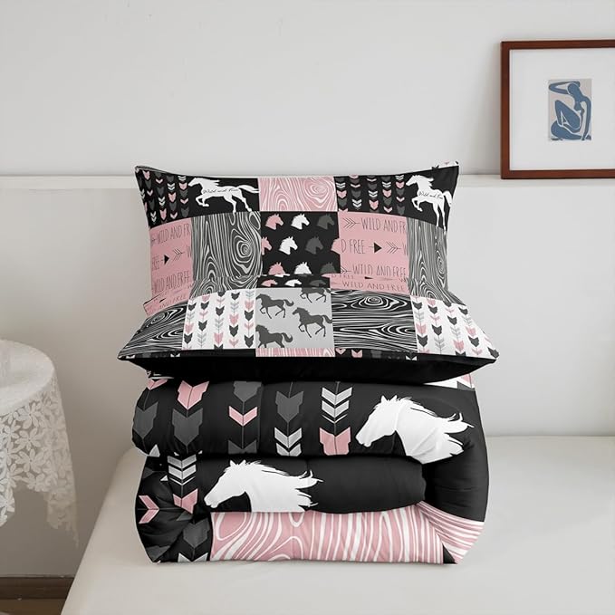 Girls Unicorn Comforter Queen Girly White Horse Bedding Western Cowboy Cowgirls Quilt Patchwork Buffalo Plaid Duvet Insert Arrow Stripes Wild Animal Soft Down Comforter 3Pcs Bedroom Decor,Pink Black