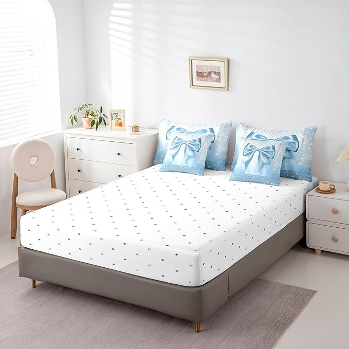 Feelyou Kids Cute Bowknot 7 Pieces Bedding Set Full Size, Dreamy Princess Comforter Set with Sheets Boys Girls Glitter Bed in A Bag Blue Bow Teens Bed Set Bedroom Decor 7Pcs
