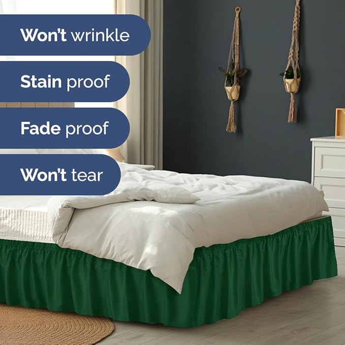 Wrap Around Dust Ruffle Bed Skirt - Emerald - for Queen Size Beds w/ 15 Inch Drop - Easy Fit Elastic Strap - Adjustable Pleated Bedskirt w/Brushed Fabric - Wrinkle Free - for Women, Men, Kids & Teens