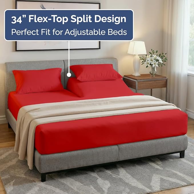 Flex Top Split Head King 4 Piece Sheet Set - Comfy Breathable & Cooling Bed Sheets Set - Hotel Luxury Bedding for Women, Men, Kids, Teens, Boys and Girls - Deep Pockets, Ultra-Soft & Oeko-Tex - Red