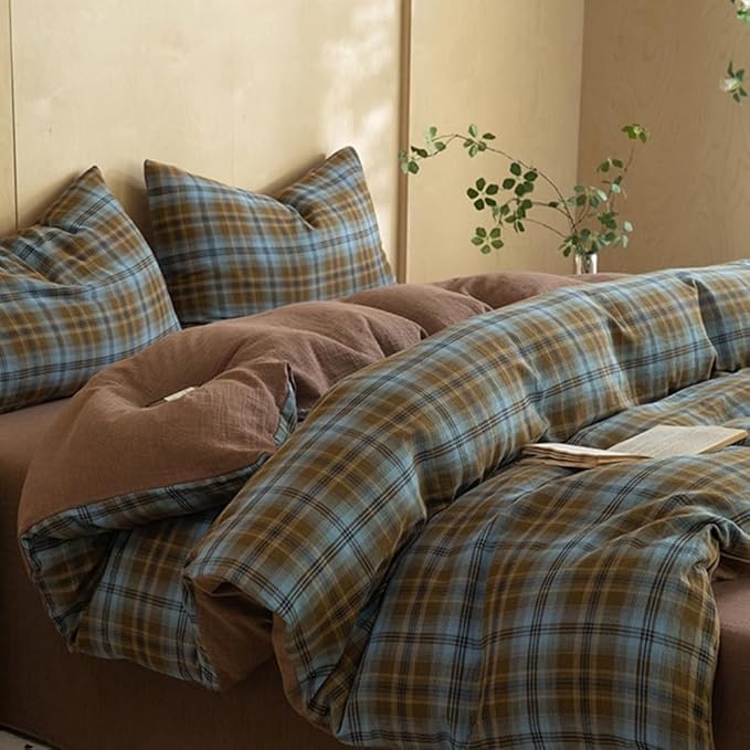 Vintage Blue&Brown Plaid Duvet Cover Queen 100% Cotton Muslin Duvet Cover Retro Plaid Gingham Checkered Comforter Cover with 2 Pillowcases Breathable Linen Like Gauze Farmhouse Grid Bedding Set