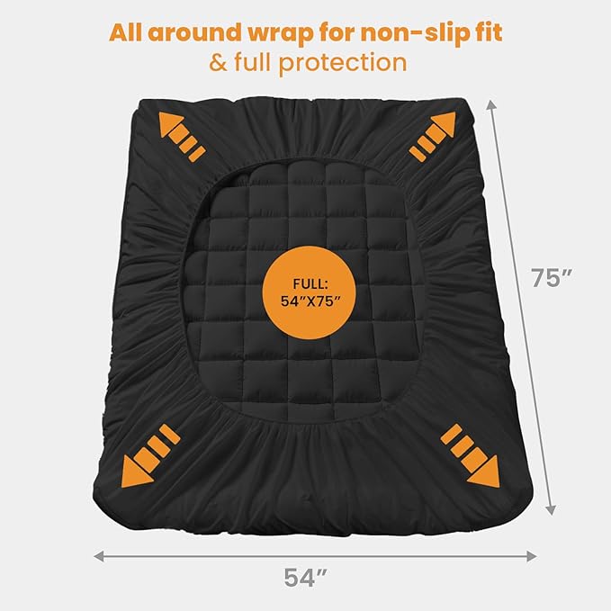 MATBEBY Full Size Mattress Pad - Cooling Breathable Mattress Topper, Quilted Fitted Mattress Protector, Pillow Top Mattress Cover with 8-21" Deep Pocket, Soft, Machine Washable, Black, 54x75 Inches