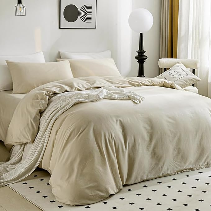JELLYMONI Cotton Duvet Cover King Size - 100% Washed Cotton Linen Like Textured Comforter Cover, 3 Pieces Lightweight Soft Bedding Set with Zipper Closure (Light Khaki, King 104"x90")