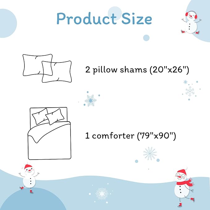 JSD Blue Snowman Kids Comforter Set Full Size, 3 PC Christmas Winter Printed Microfiber Bedding Set for Boys Girls Teens