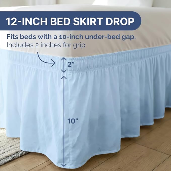 Wrap Around Dust Ruffle Bed Skirt - Sky Blue - for Full Size Beds w/ 12 Inch Drop - Easy Fit Elastic Strap - Adjustable Pleated Bedskirt w/Brushed Fabric - Wrinkle Free, Women, Men, Kids & Teens