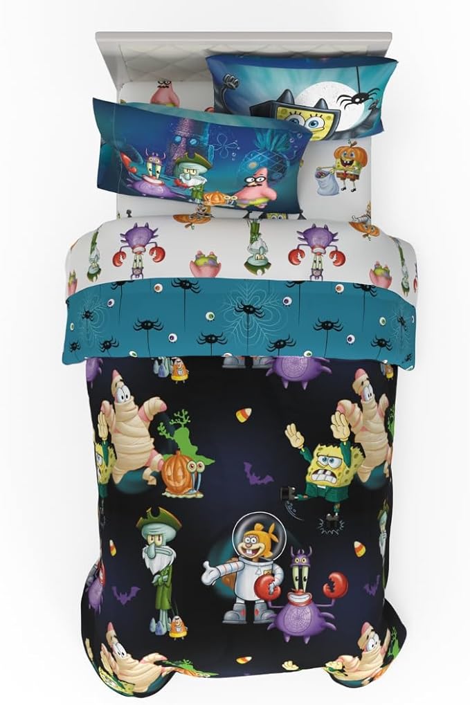 Spongebob Squarepants Kids Halloween Bedding 5 Piece Super Soft Cozy Reversible Comforter and Sheet Set with Sham, Twin, (Officially Licensed Product) by Franco