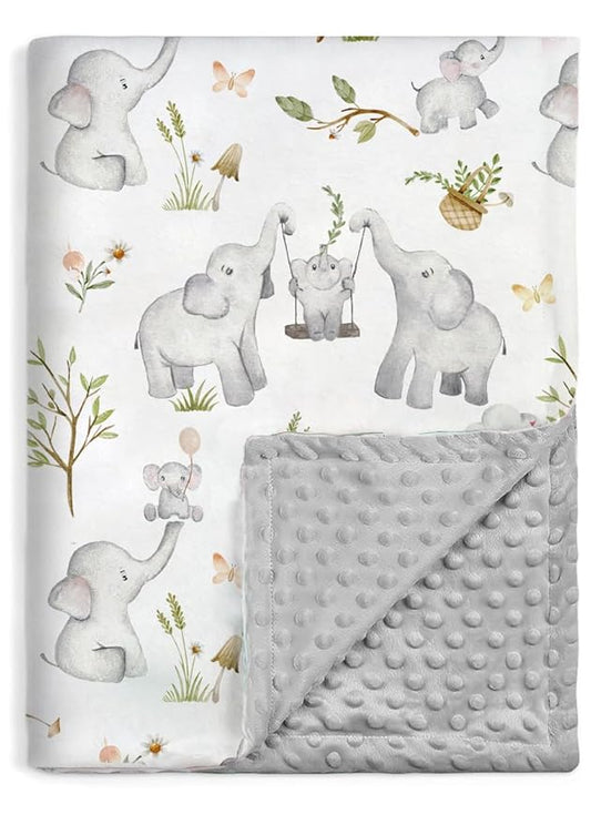 BOPRIO Baby Blankets for Unisex Boys Girls, Super Soft Nursery Minky Blankets with Baby Elephant Design and Dotted Fleece Backing, Printed Bed Throws Newborn