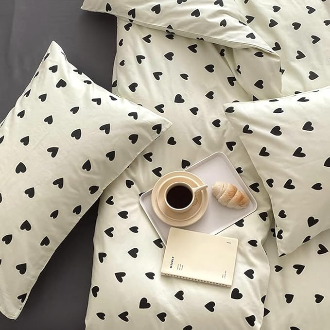 Nayoroom Black and White Heart Duvet Cover Twin Size Black Hearts Printed on White Bedding Set 2 Pcs Cute Kawaii Soft Breathable Microfiber Comforter Cover Valentine Gifts for Kids Girls