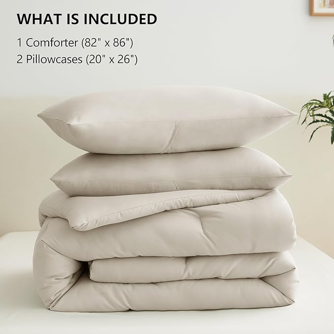 CozyLux Beige Full Size Comforter Set, 3 Pieces Solid Breathable Quilted Style Bedding Sets, Luxury Fluffy Soft Bed Set with Down Alternative Comforter for All Season (1 Comforter & 2 Pillowcases)