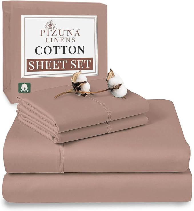 Pizuna Pure 100% Cotton Sheets RV King Size, Luxurious 400 Thread Count Long Staple Cotton Sateen RV King Sheets Set with 15inch Deep Pocket (Combed Pale Rose Pink Cotton Sheet Set)