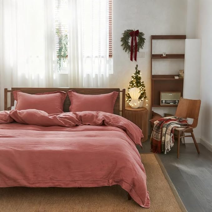 Simple&Opulence 100% Washed Linen Duvet Cover Set with Embroidered,3 Pieces Soft Farmhouse Comforter Set with Button Closure,1 Duvet Cover and 2 Pillowshams(Queen,Coral Red)