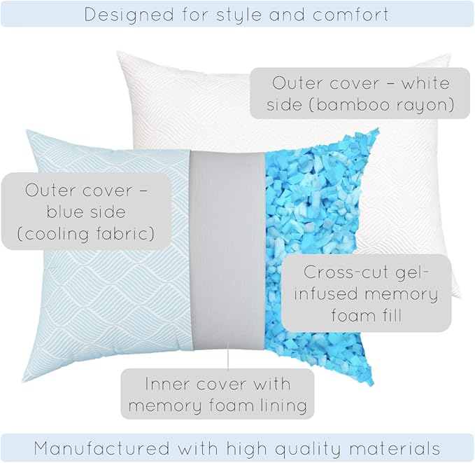 pillosophy Original Adjustable Loft Pillow • Gel-Infused Shredded Memory Foam Fill • Dual-Sided Washable Cooling Cover • Perfect for Back, Side, Stomach Sleepers (Queen Size, 1-pack)