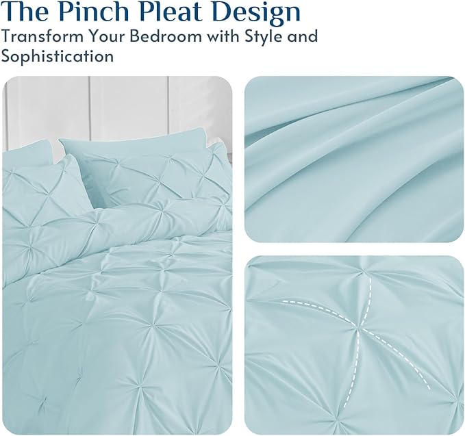 JOLLYVOGUE Queen Comforter Set 7 Pieces - Bed in a Bag Queen for All Season, Pintuck Bedding Comforter Sets with Comforter, Flat Sheet, Fitted Sheet and Pillowcases & Shams, Light Blue