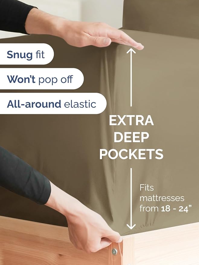 Extra Deep Full Sheet Set - 6 Piece Breathable and Cooling Sheets - Hotel Luxury Bedding for Women, Men, Kids & Teens - Easy & Secure Fit - Soft, Wrinkle Free and Comfy - Extra Deep Pockets - Khaki