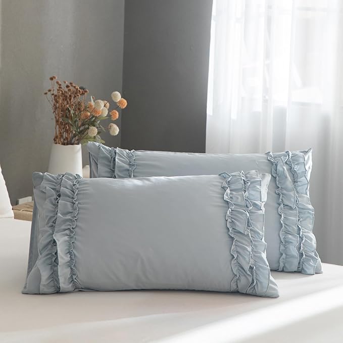 Bedrom Ruffled Queen Duvet Cover Set Blue Grey Bedding Set Shabby Chic Light Gray Boho Bedding Super Soft Lightweight Farmhouse Ruffle Duvet Cover Set for All Season