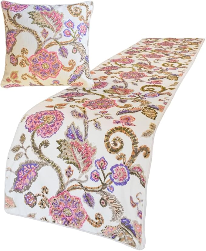 The HomeCentric King/Queen/Twin White & Pink Designer Queen 74"x18" Bed Runner Without Pillow Cover, Floral, Printed, Sequins, Beaded, Embroidery & Handmade Bed Scarf on Cotton Fabric - Aster