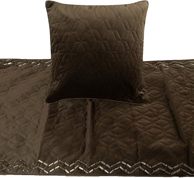 The HomeCentric King Queen Twin Brown Designer King 90"x18" Bed Runner with 2 Pillow Cover, Quilted & Crystals Bed Scarf on Velvet Fabric - Brown Diamond Symphony