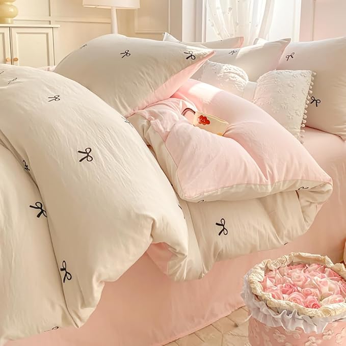 Nayoroom Bow Duvet Cover Queen Size Reversible Pink Coquette Duvet Cover 3 Pieces Soft Lightweight Microfiber Kids Girls Cute Aesthetic Dorm Bedding Set, White/Pink