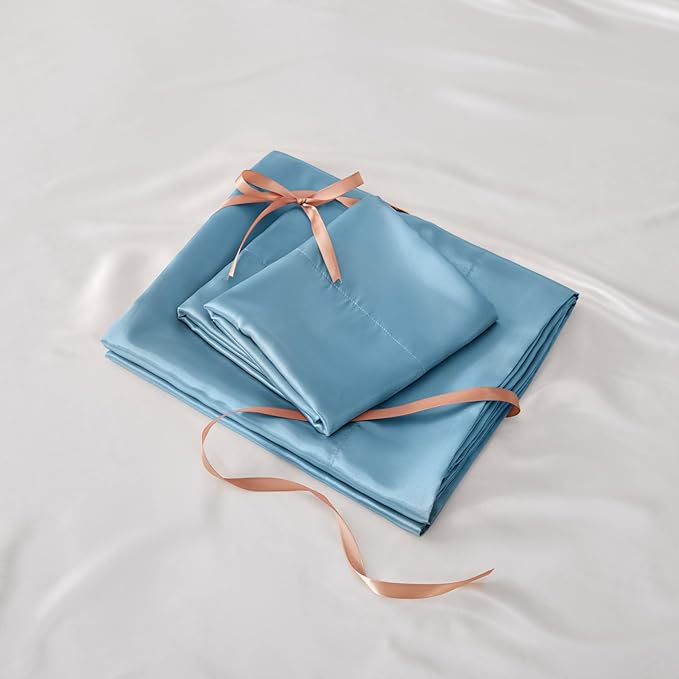 BEDELITE Satin Sheets Twin Size Bed Set, Luxury Soft Airy Blue Silky Sheets for Hair and Skin, Similar to Silk Bed Sheets Set 3 Pieces with 1 Deep Pocket Fitted Sheet, 1 Flat Sheet, and 1 Pillowcase