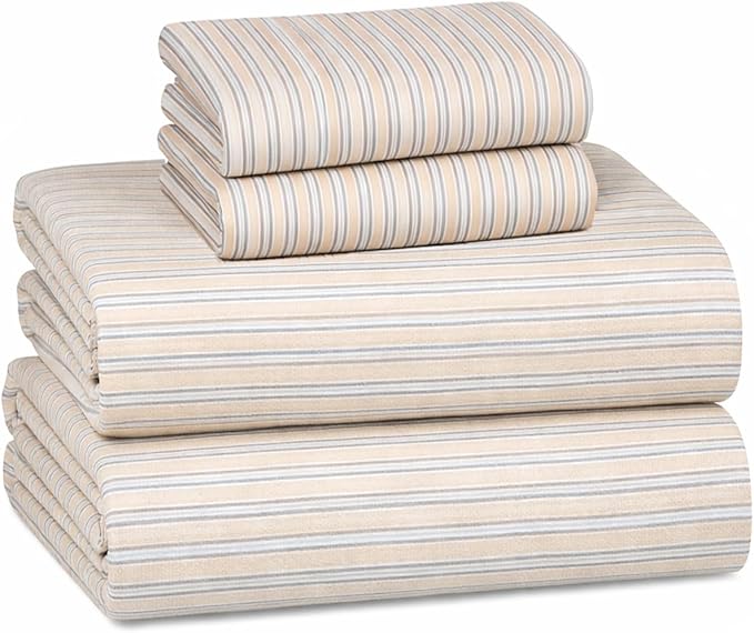Briarwood Home® Printed Flannel Sheet Set, 100% Natural Cotton, Soft, Warm & Deep Pocket, Advanced Nano-Tech Making it Resistance to Pilling; Brushed 6 Times for Softness (Oak Stripes, Queen)