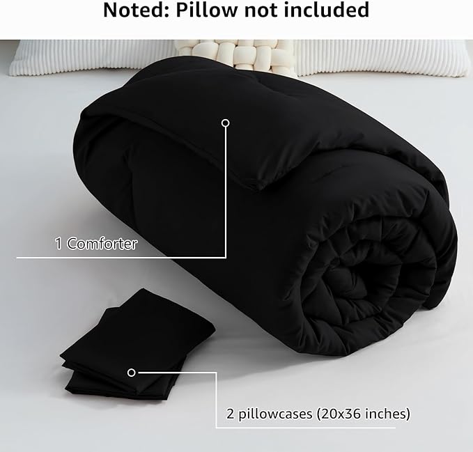 CozyLux Oversized King Comforter Set Black, 3 Pieces 120x98 Solid Breathable Quilted Style Bedding Sets All Season, Luxury Soft Down Alternative Comforter Bed Set (1 Comforter & 2 Pillowcases)
