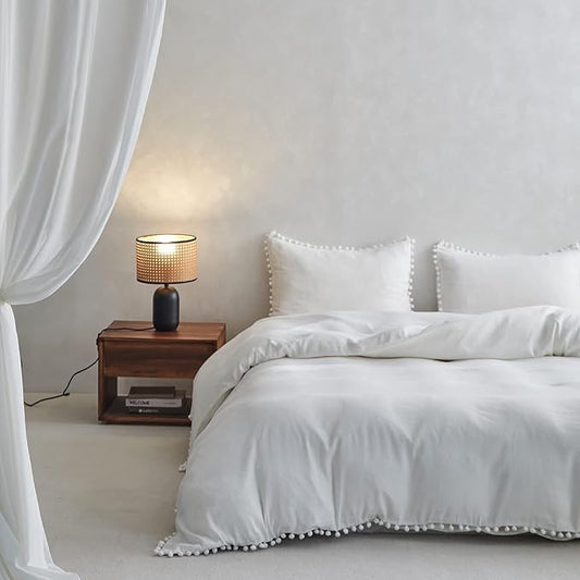 Simple&Opulence French Linen Blended Duvet Cover King, Flax Viscose Derived from Bamboo Bedding Set with Pom Pom Trim Soft Cooling for Hot Sleepers, 1 Boho Comforter Cover and 2 Pillow Shams, White