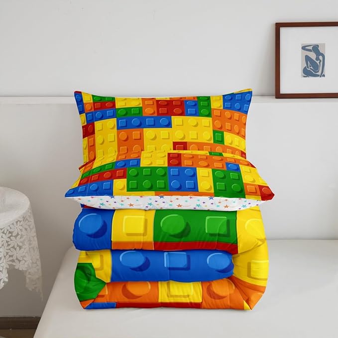 Feelyou Games Comforter Set Queen Building Blocks Bedding Set for Kids Boys Girls Colorful Geometric Toy Brick Comforter Gaming Nursery Quilt Duvet Set with 2 Pillowcase Boys