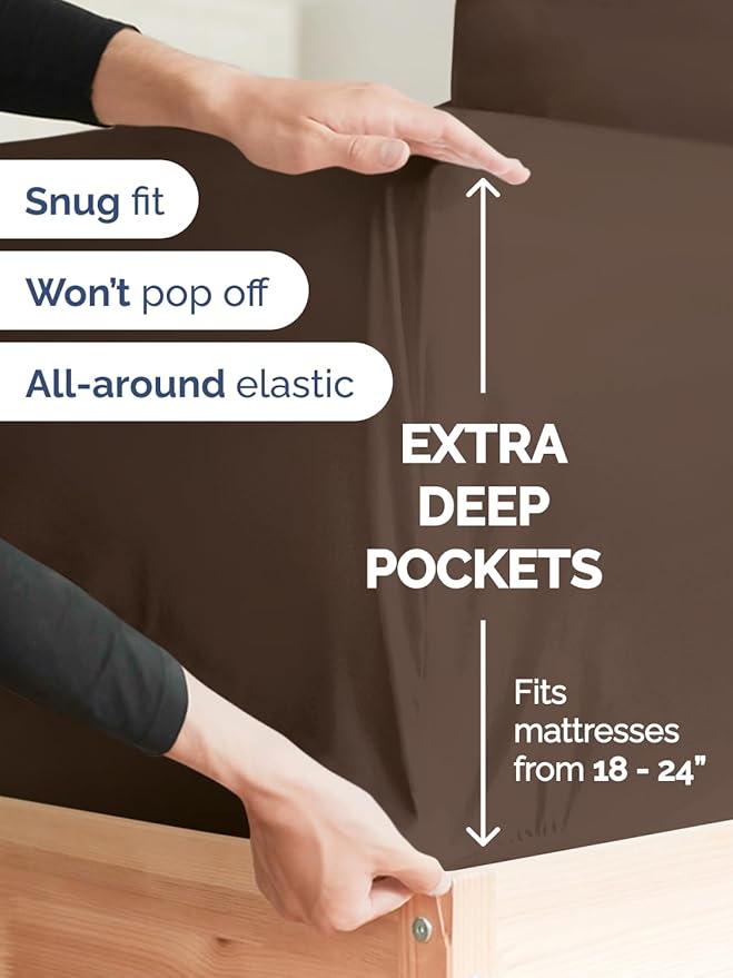 Extra Deep Twin XL Sheet Set - 4 Piece Breathable and Cooling Sheets - Hotel Luxury Bedding for Women, Men, Kids & Teens - Easy & Secure Fit - Soft, Wrinkle Free and Comfy - Extra Deep Pockets - Brown